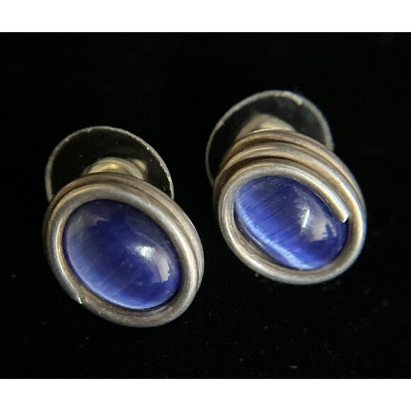 Estate Jewelry - Vintage Modernist Sterling Silver Blue Cat's Eye Stud Earrings Oval Cabochon